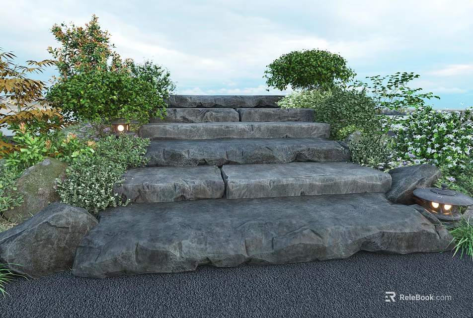 Natural Stone And Wood Steps With Green Bushes And Outdoor Lights 3d model 
