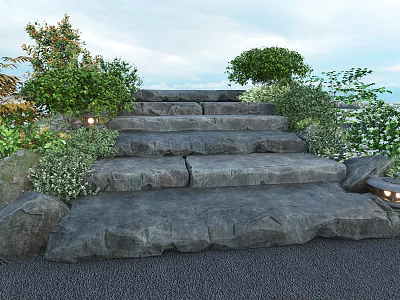 Natural Stone And Wood Steps With Green Bushes And Outdoor Lights 3d model