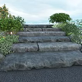 Natural Stone And Wood Steps With Green Bushes And Outdoor Lights