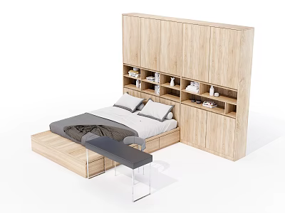 Modern Wooden Bedroom Interior With Integrated Wardrobe Bookshelf And Desk 3d model