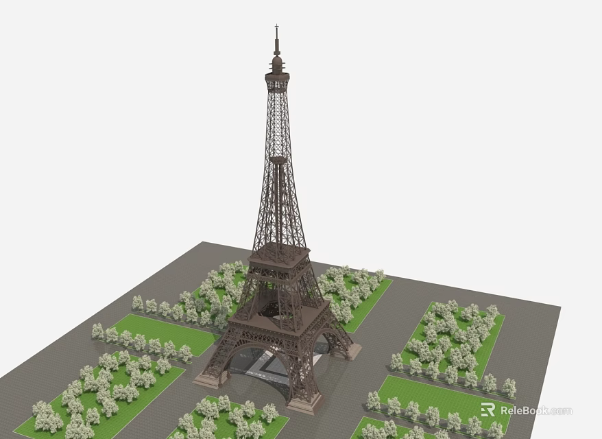 Detailed Eiffel Tower Model Display with Greenery and Square Layout Design 3d model