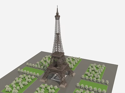 Detailed Eiffel Tower Model Display with Greenery and Square Layout Design 3d model