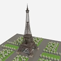 Detailed Eiffel Tower Model Display with Greenery and Square Layout Design 3d model