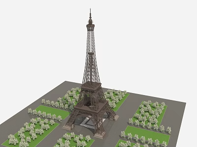 Detailed Eiffel Tower Model Display with Greenery and Square Layout Design 3d model