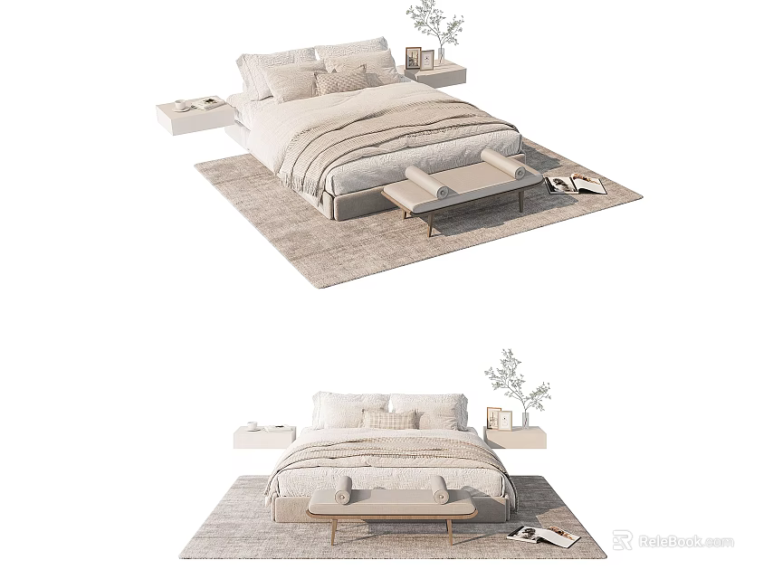 Minimalist Double Bed With Light Colored Bedding Bedside Tables And Area Rug 3d model 