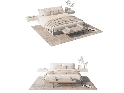 Minimalist Double Bed With Light Colored Bedding Bedside Tables And Area Rug 3d model