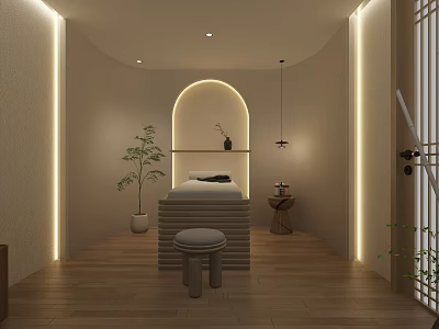SPA Sauna Interior With Massage Bed Soft Lighting Green Plants And Wooden Flooring 3d model