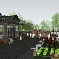 Rural Landscape With Café Outdoor Seating Wooden Structures Greenery Cobblestone Path And Flowers