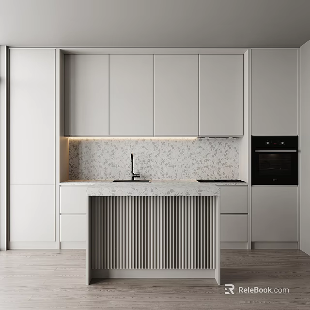 Modern Kitchen Interior With White Cabinets Marble Countertop Slatted Island And Built-in Oven 3d model 
