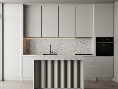 Modern Kitchen Interior With White Cabinets Marble Countertop Slatted Island And Built-in Oven 3d model