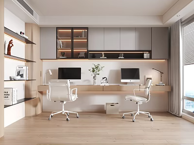 Modern Minimalist Study Room Interior With Two Computer Monitors White Office Chairs Bookshelves And Natural Light 3d model