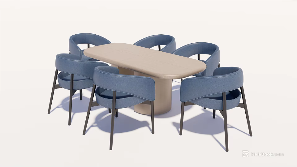 Modern Light Colored Oval Dining Table Set With Six Blue Chairs And Black Legs 3d model