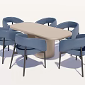 Modern Light Colored Oval Dining Table Set With Six Blue Chairs And Black Legs 3d model