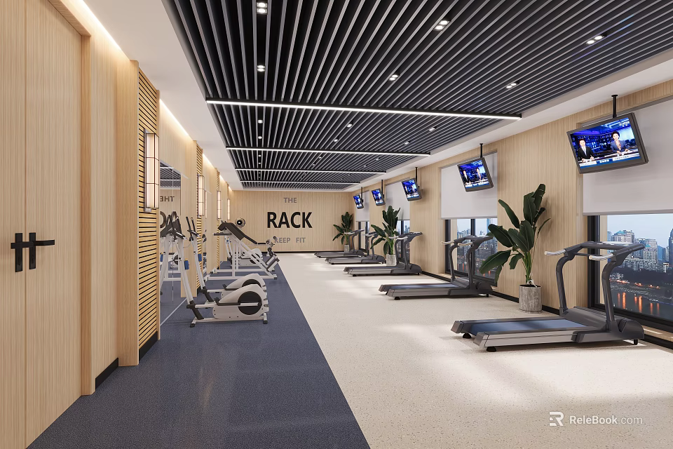 Modern Gym Interior With Fitness Equipment Treadmills TVs And Plants 3d model 