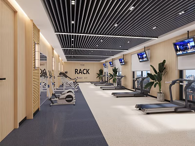 Modern Gym Interior With Fitness Equipment Treadmills TVs And Plants 3d model