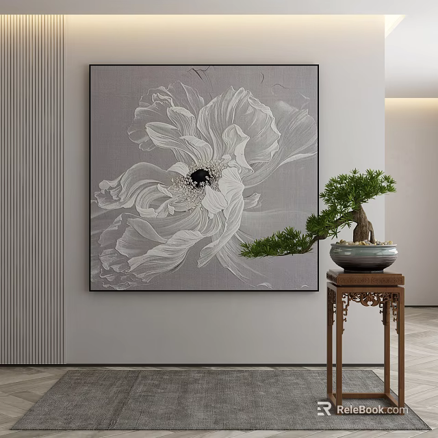 Black and White Peony Botanical Painting in Modern Interior with Potted Plant on Wooden Stand 3d model 