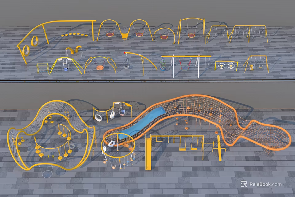 Colorful Outdoor Playground Equipment With Slide Climbing Net Swings Sandpit And Safe Seats 3d model 