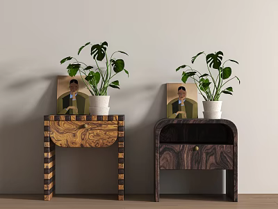 Modern Bedroom Interior with Wooden Nightstands Monstera Plants and Portrait 3d model