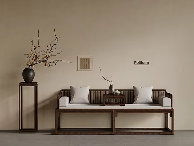 Traditional Chinese Luohan Bed With White Cushions Small Table And Black Vase Against Beige Wall 3d model