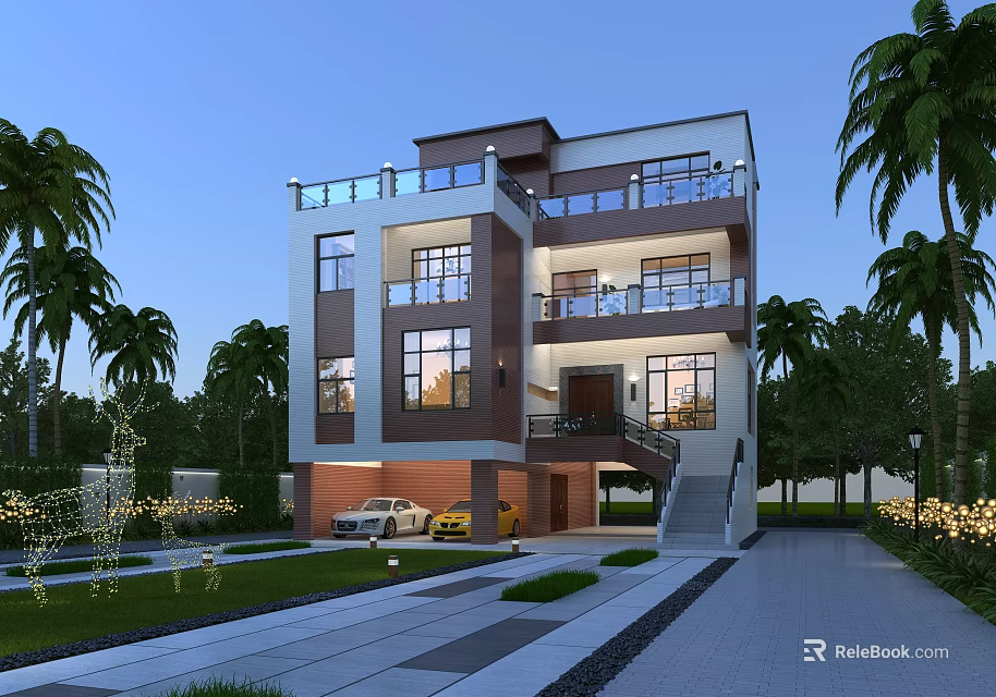 Modern Style Detached Villa With Palm Trees Lawn Large Windows Garage Driveway And White Car 3d model 