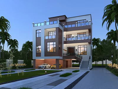 Modern Style Detached Villa With Palm Trees Lawn Large Windows Garage Driveway And White Car 3d model