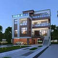 Modern Style Detached Villa With Palm Trees Lawn Large Windows Garage Driveway And White Car