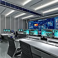 High Tech Modern Control Room Interior With Multiple Monitoring Screens And Workstations