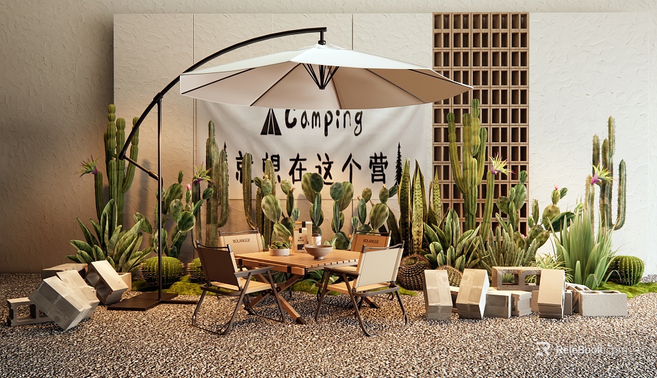 Scenic Camping Site With Umbrella Table Chairs And Cacti On Gravel Ground 3d model 