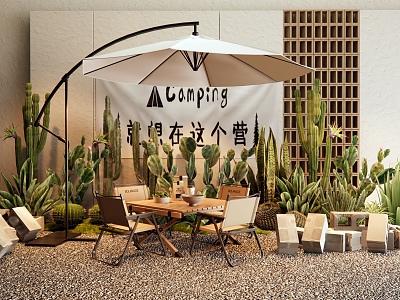 Coffee shop commercial outside camping landscape sketch outdoor table and chair cactus plant pile plant combination brick model