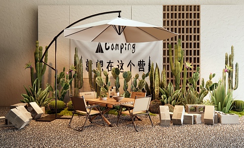 Coffee shop commercial outside camping landscape sketch outdoor table and chair cactus plant pile plant combination brick 3d model