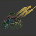 Multi Tiered Fountain Structure With Circular Basin And Yellow Light Rays