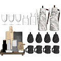 Stylish Kitchenware Collection With Silver Kettles Glass Cups Cutting Boards And Black Mugs