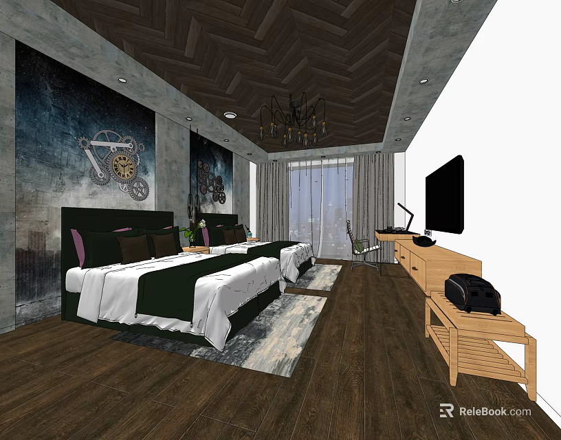 Hotel Guest Room With Twin Beds Decorative Wall Art Chandelier Large Windows And Desk 3d model 