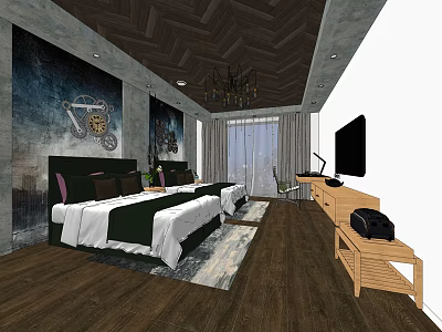 Hotel Guest Room With Twin Beds Decorative Wall Art Chandelier Large Windows And Desk 3d model