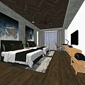 Hotel Guest Room With Twin Beds Decorative Wall Art Chandelier Large Windows And Desk