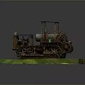 Vintage Tracked Tractor Model On Green Grass Platform With Rusty Metal Structure And Canopy 3d model