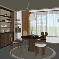 Warm Restaurant Interior With Wooden Table Vase Flowers Cups Pendant Lamp Curtains And Green Plant