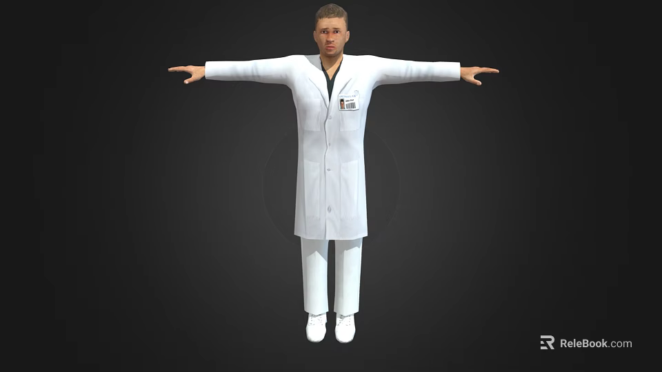 Man in White Coat and White Pants With ID Badge Standing With Arms Outstretched 3d model 
