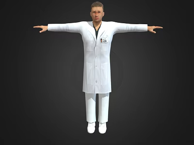 Man in White Coat and White Pants With ID Badge Standing With Arms Outstretched 3d model