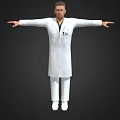 Man in White Coat and White Pants With ID Badge Standing With Arms Outstretched