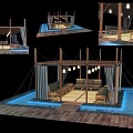 Outdoor Wooden Pergola Lounge With Curtains Hanging Lights Sofa Chairs And Water Elements