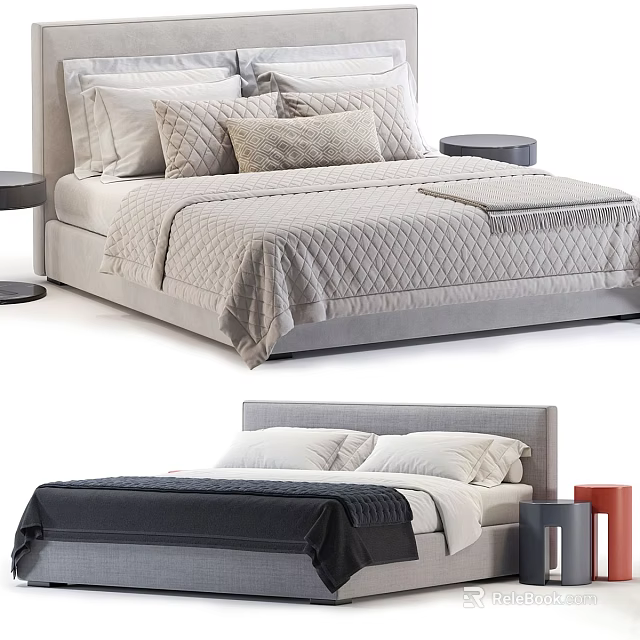 Modern Upholstered Double Bed with Quilted Bedspread Pillows and Side Nightstand 3d model 