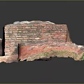 Ancient Brick And Stone Structure With Red Pink Tones And Mossy Base On Dark Background