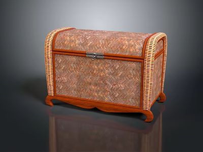 Wicker Storage Trunk With Wooden Frame Decorative Lock And Woven Design For Home Use 3d model