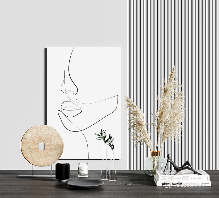 Minimalist Decorative Ornament Set with Line Art Painting Circular Piece and Dried Pampas Grass 3d model 
