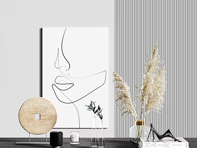 Minimalist Decorative Ornament Set with Line Art Painting Circular Piece and Dried Pampas Grass 3d model