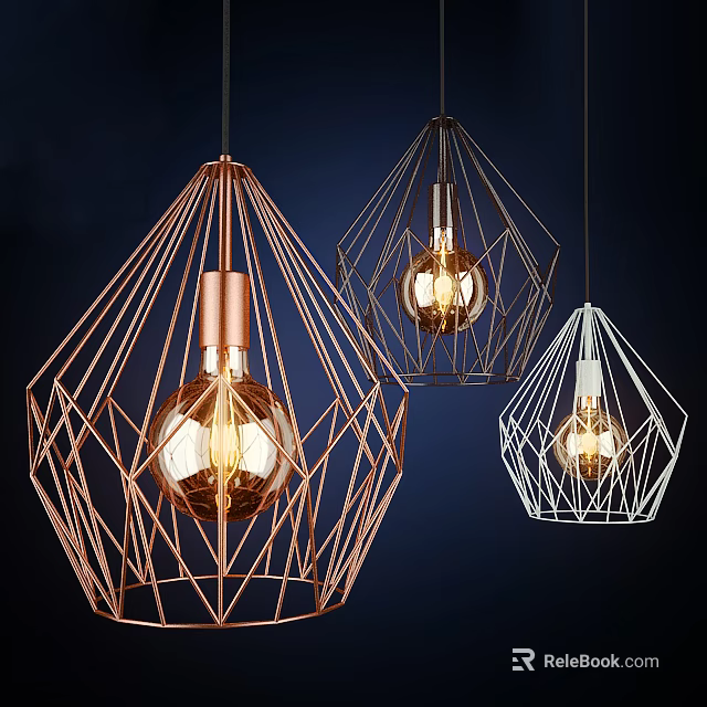 Modern Geometric Pendant Lights With Rose Gold Black White Wire Frames And Filament Bulbs 3d model 