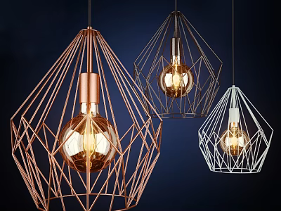Modern Geometric Pendant Lights With Rose Gold Black White Wire Frames And Filament Bulbs 3d model