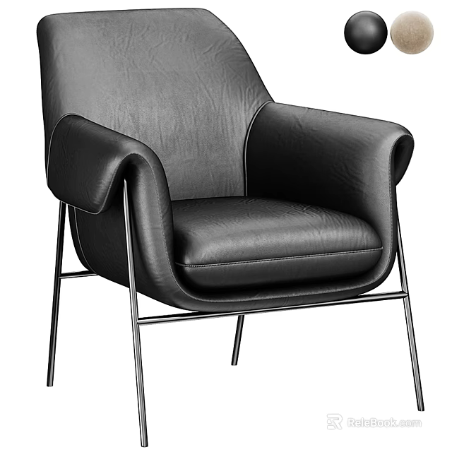 Modern Black Leather Single Sofa with Sleek Metal Frame and Comfortable Design 3d model 