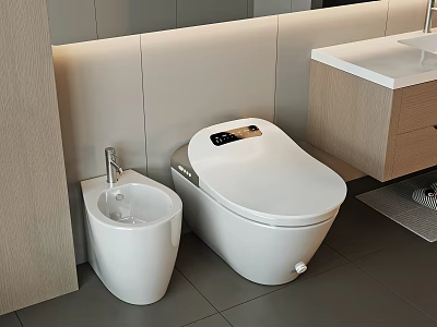 Modern Bathroom Interior With White Smart Toilet Bidet Wooden Vanity And Tiled Floor 3d model